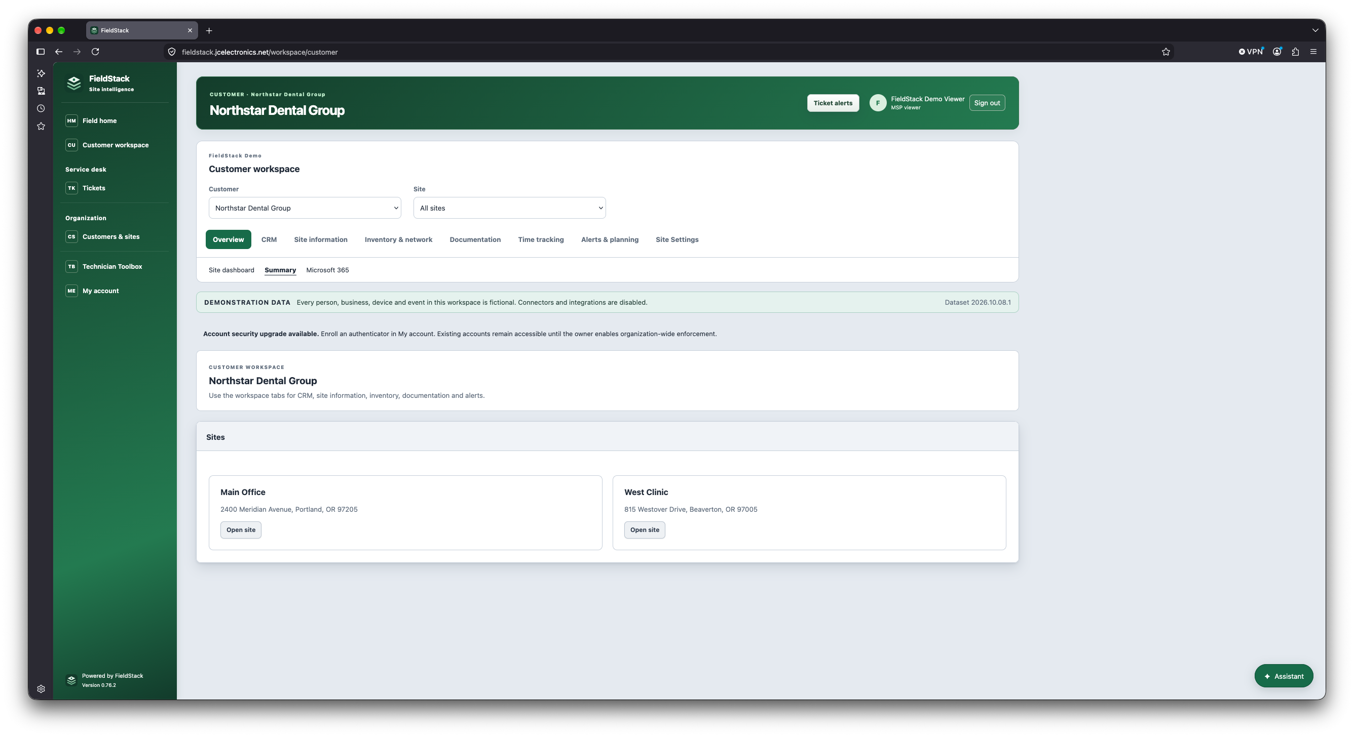 FieldStack customer workspace for a demo account with tabs for CRM, site information, inventory, documentation, time tracking and a list of sites. Fictional demo data.