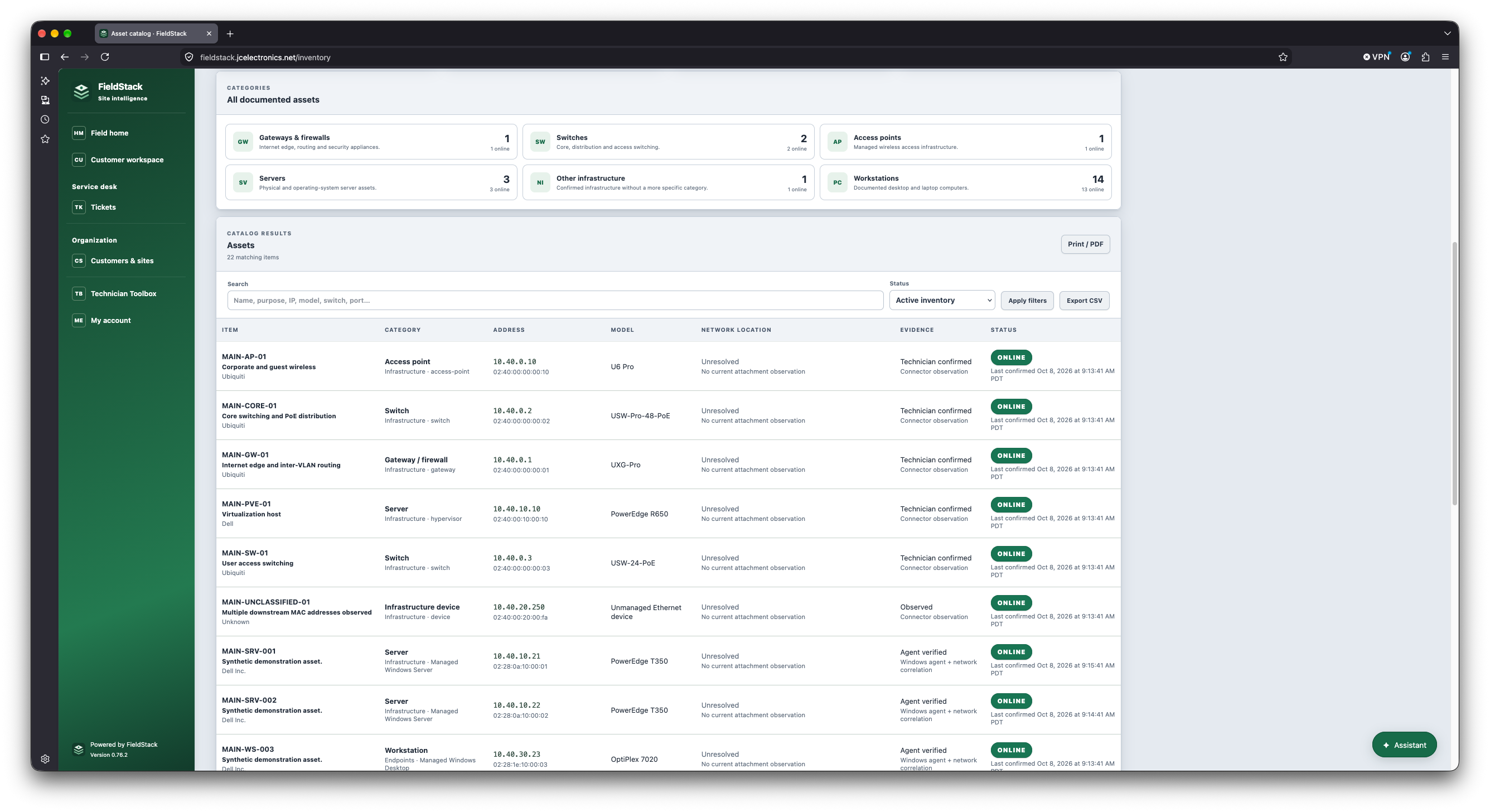 FieldStack device inventory screen showing categories, asset list with address, model, network location, evidence and online status. Fictional demo data.