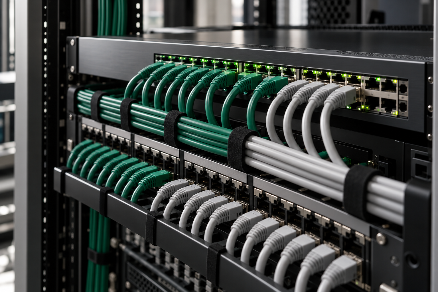 Close-up of a network rack with neatly bundled green and white patch cables plugged into switch ports.