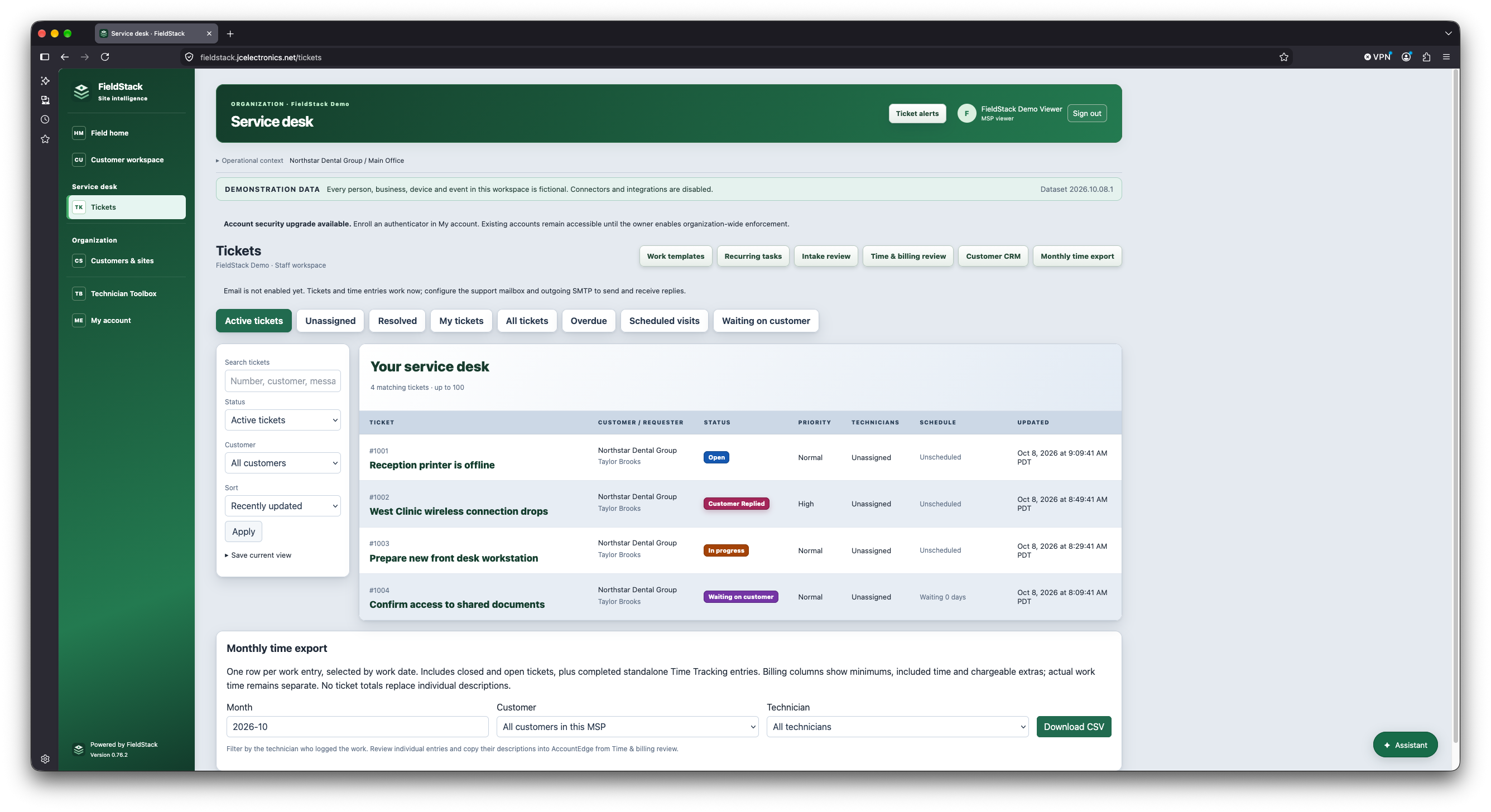 FieldStack service desk showing a ticket list with customer, status, priority, technicians and schedule, plus a monthly time export panel. Fictional demo data.