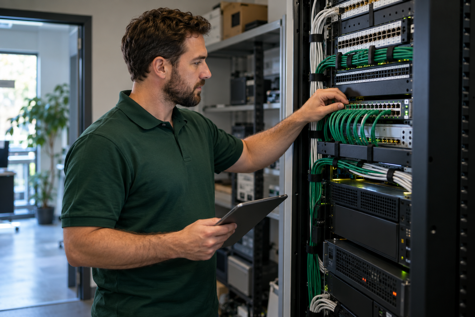 A technician in a green polo shirt checking cabling on a network rack while holding a tablet.