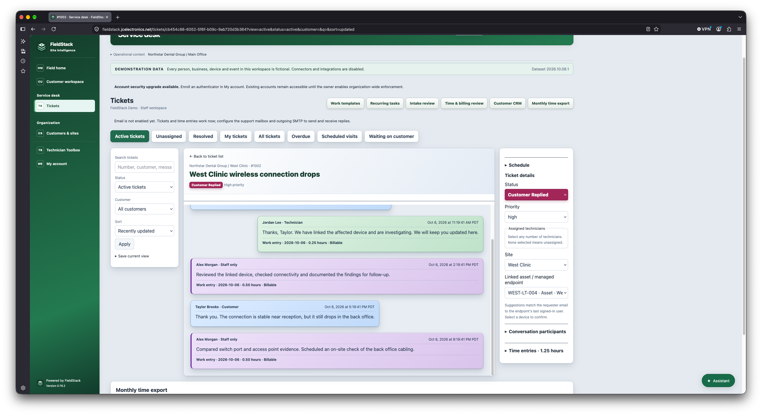 FieldStack ticket detail showing a conversation thread with technician, staff-only and customer messages, each with work entries, plus ticket status, priority, site and linked asset. Fictional demo data.