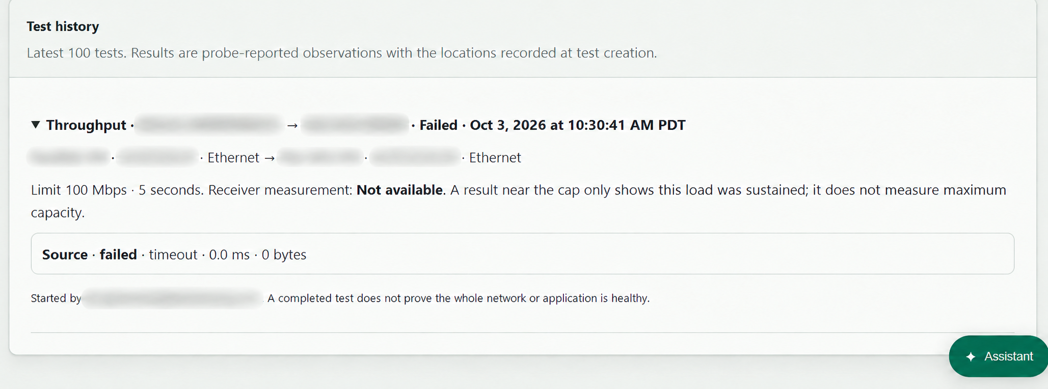 FieldStack saved network test history showing a failed throughput test with a timeout, test limit and recorded locations. Identifying details obscured.
