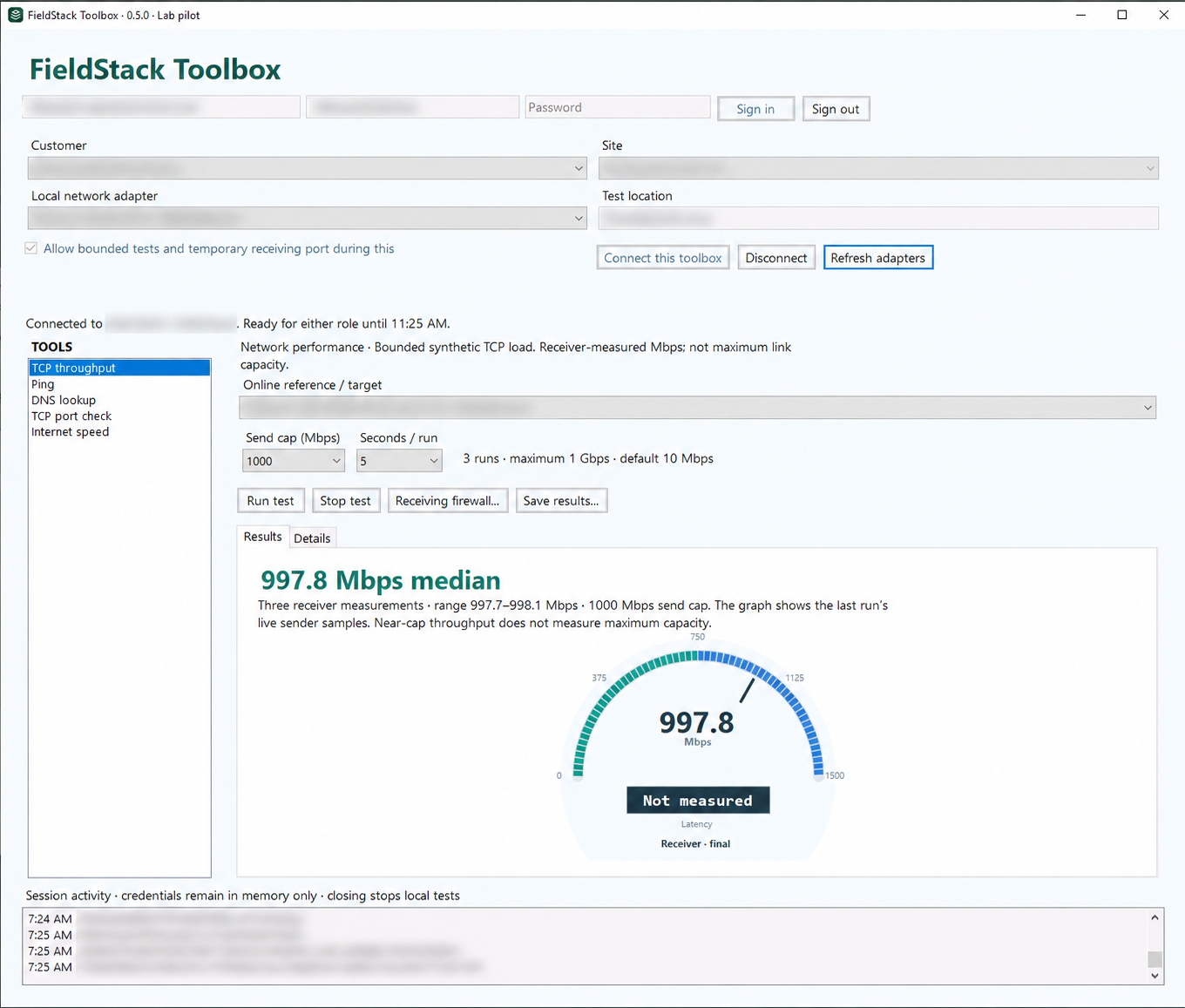 FieldStack Toolbox network diagnostics interface showing throughput, ping, DNS, port checks and internet speed tools, with a three-run throughput result. Identifying details obscured.